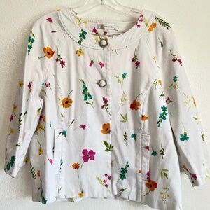 Erin London Vintage 2-Button 3/4 Sleeve Floral Twill Pocket White Jacket Size L
